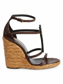 Wholesale ❤️ Saint Laurent Cassandra Strappy Leather Logo Raffia Wedges 🔔
