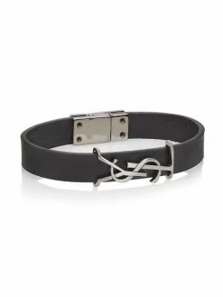 Discount ✨ Saint Laurent Silvertone Leather Logo Bracelet ✔️