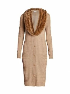 Promo ⭐ Saint Laurent Faux Fur Collar Cable-Knit Duster Cardigan ✨