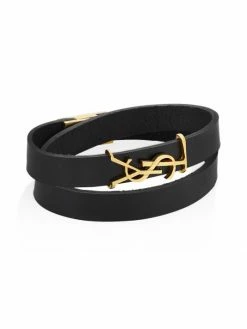 Outlet 😍 Saint Laurent Leather & Goldtone Metal Wrap Bracelet For Men 🌟