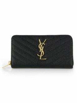 Outlet 🥰 Saint Laurent Monogram Matelassé Leather Zip-Around Wallet Dark Beige ⭐