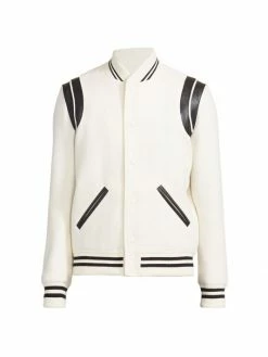 Deals 🔥 Saint Laurent Banded Teddy Varsity Jacket For Men Naturel 👍