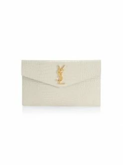 Best Sale 🌟 Saint Laurent Uptown Crocodile-Embossed Leather Pouch Blanc Vintage ⭐